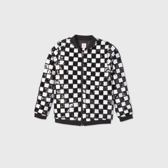 Girls  Flip Sequin Checkered Bomber Jacket 4/5 - Picture 1 of 1